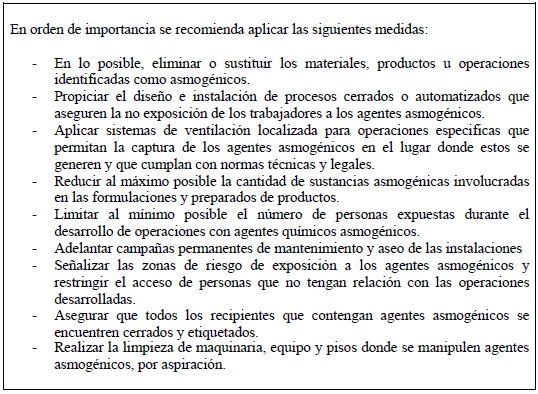 Medidas técnicas y administrativas generales para asma ocupacional