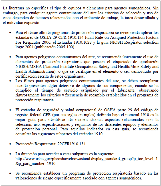 Equipos y elementos de protección para trabajadores, Asma Equipos y elementos de protección para trabajadores, Asma