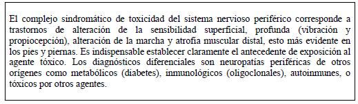 Sospecha de toxicidad crónica del sistema nervioso periférico