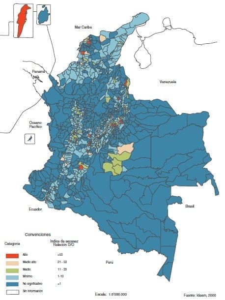 Índice de escasez municipal de agua en Colombia de año seco
