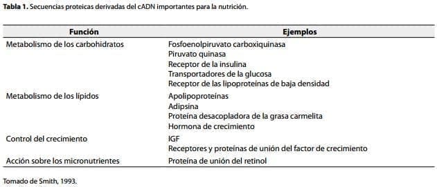 Secuencias de cADN se han derivado numerosas secuencias de proteínas pertinentes para la nutrición