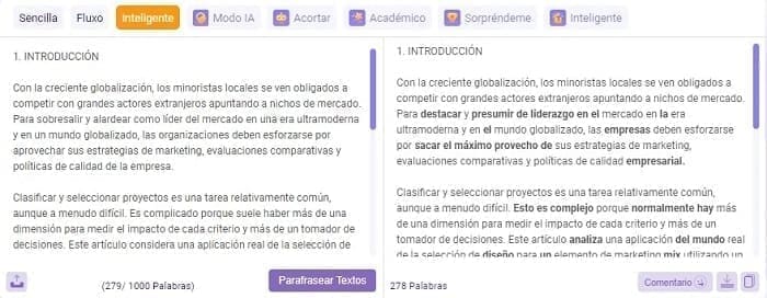 Modo inteligente parafraseando