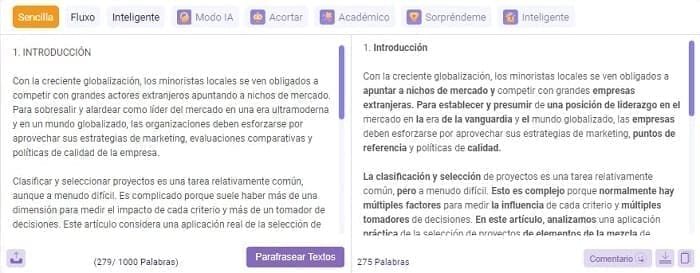 Parafraseo en modo simple