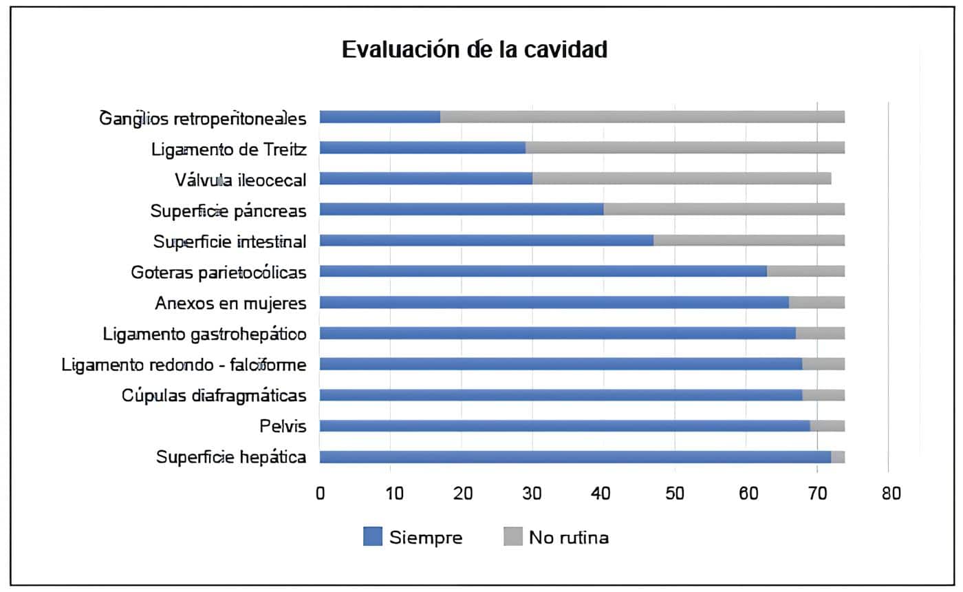 Evaluación de la cavidad abdominal durante la laparoscopia de estadificación